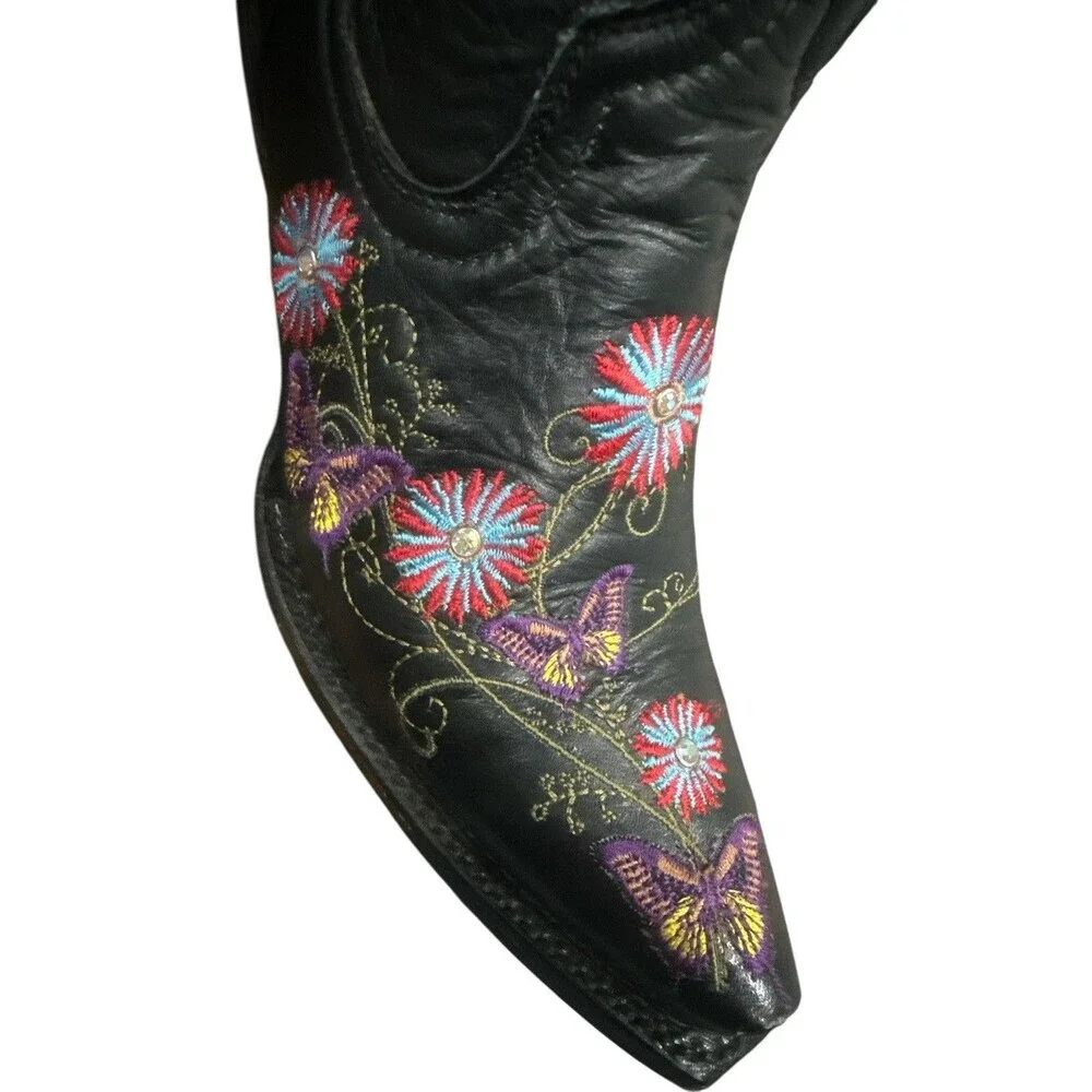 Cowboy Pro Black Leather Western Boots Floral Butterfly Embroidered Handmade 6.5